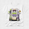 A white short-sleeve crewneck T-shirt with a colorful graphic print of a science lab costume. The graphic features a white lab coat with purple and green details, a purple patterned bow tie, and various science props including beakers, a magnifying glass, and a mug that reads 'I <3 SCIENCE'.