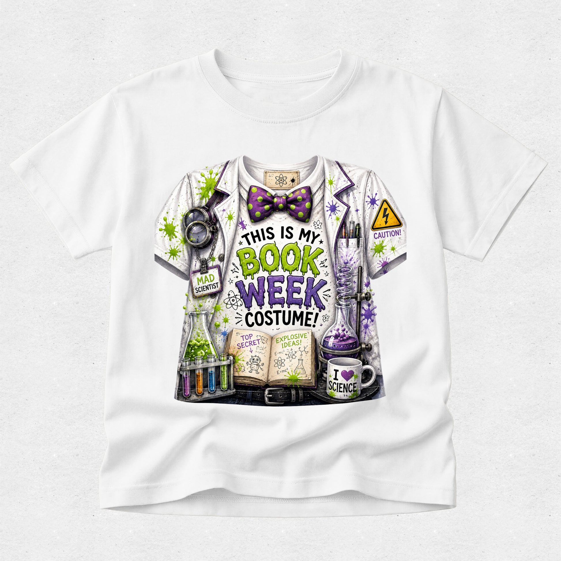 A white short-sleeve crewneck T-shirt with a colorful graphic print of a science lab costume. The graphic features a white lab coat with purple and green details, a purple patterned bow tie, and various science props including beakers, a magnifying glass, and a mug that reads 'I <3 SCIENCE'.
