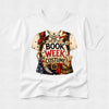 A white short-sleeve crewneck t-shirt featuring a large graphic print on the front. The graphic depicts a pirate costume with the text 'THIS BE MY BOOK WEEK COSTUME!' in bold red and black lettering, surrounded by pirate-themed illustrations including a sword, treasure map, skull, and an American flag.