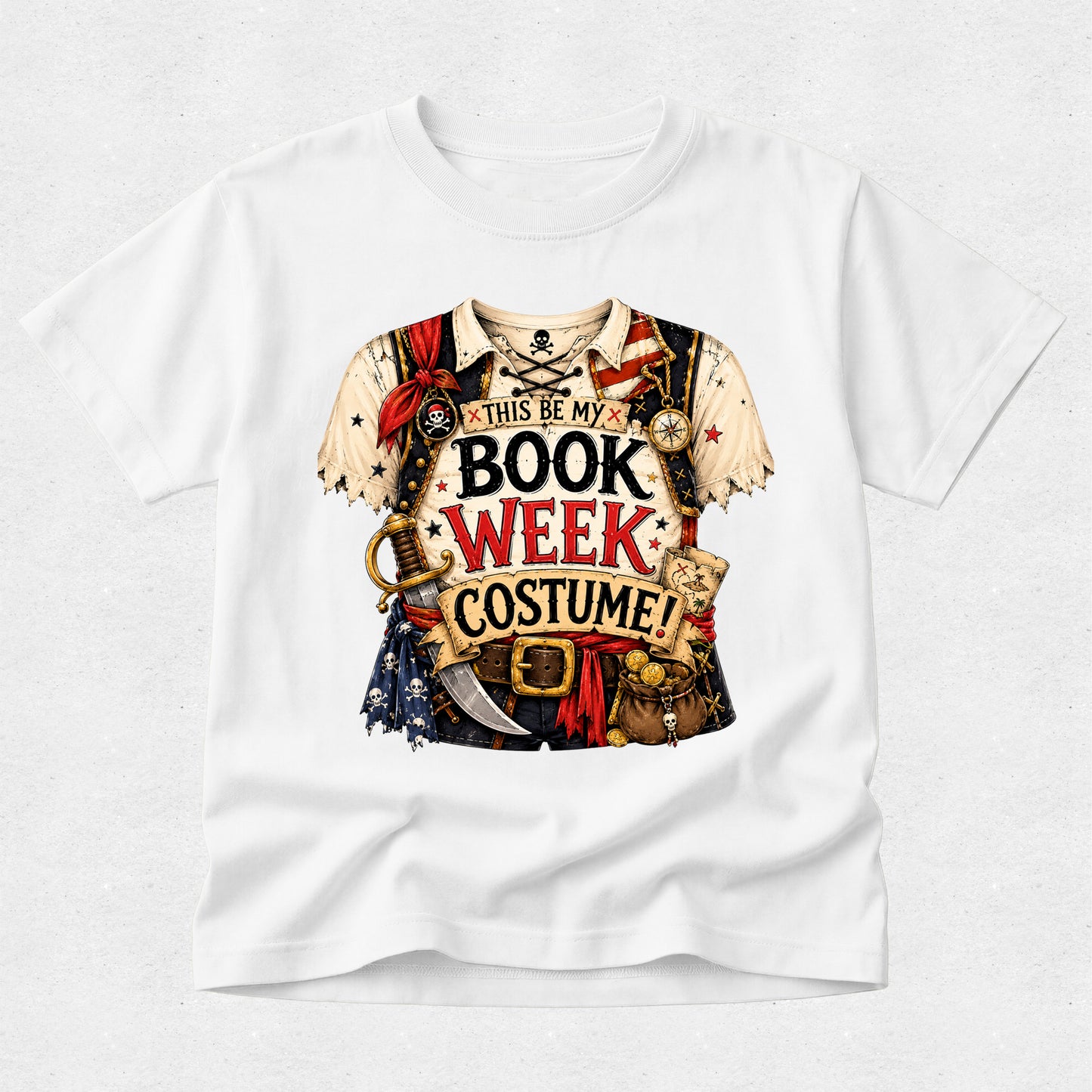 A white short-sleeve crewneck t-shirt featuring a large graphic print on the front. The graphic depicts a pirate costume with the text 'THIS BE MY BOOK WEEK COSTUME!' in bold red and black lettering, surrounded by pirate-themed illustrations including a sword, treasure map, skull, and an American flag.