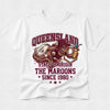 White t-shirt with Queensland State of Origin graphic design featuring a kangaroo and football.