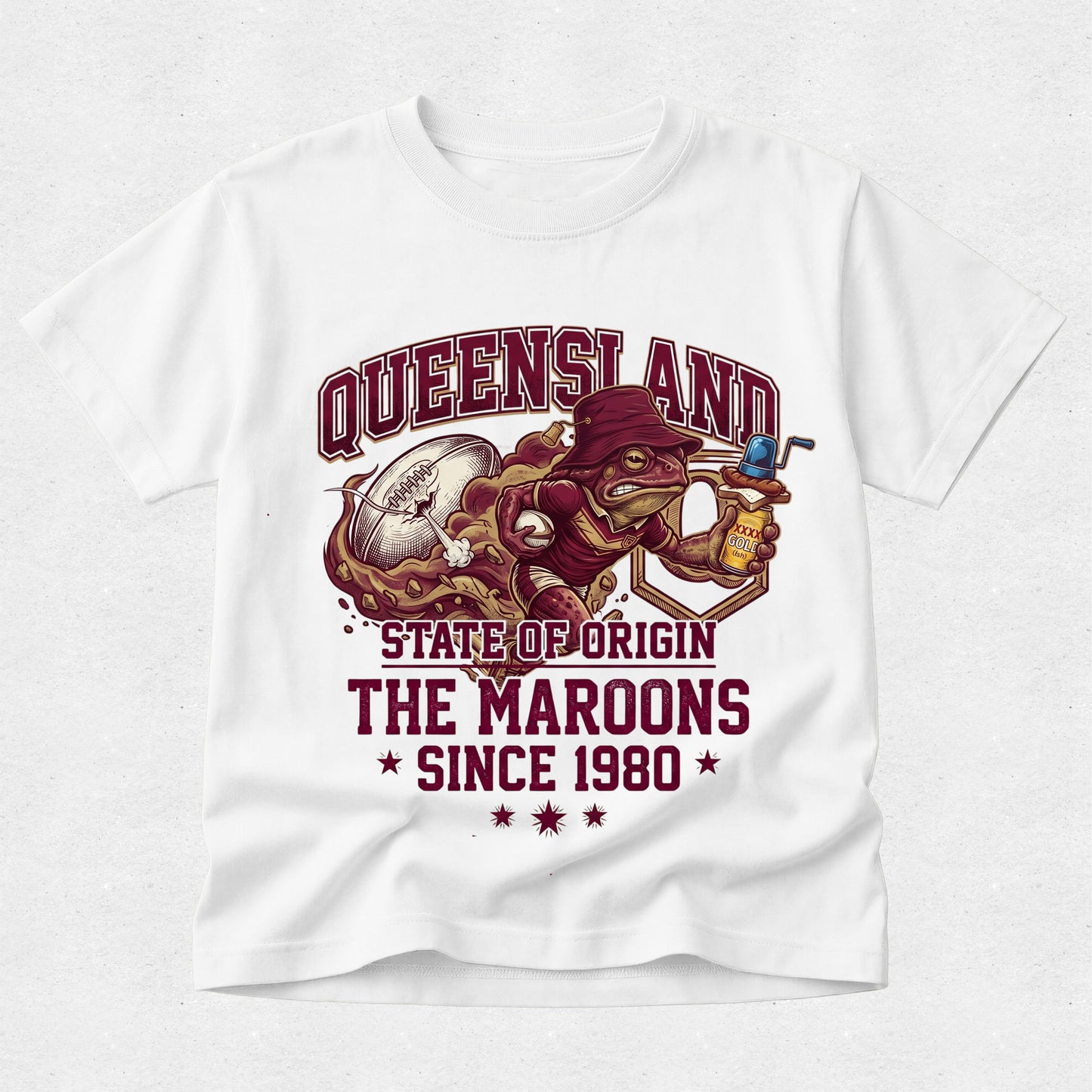 White t-shirt with Queensland State of Origin graphic design featuring a kangaroo and football.