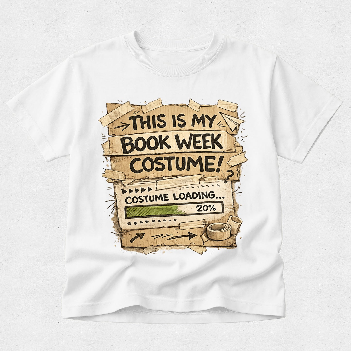 A white short-sleeve crewneck t-shirt featuring a graphic print of a rustic cardboard box with the text 'THIS IS MY BOOK WEEK COSTUME!' and a 'COSTUME LOADING.