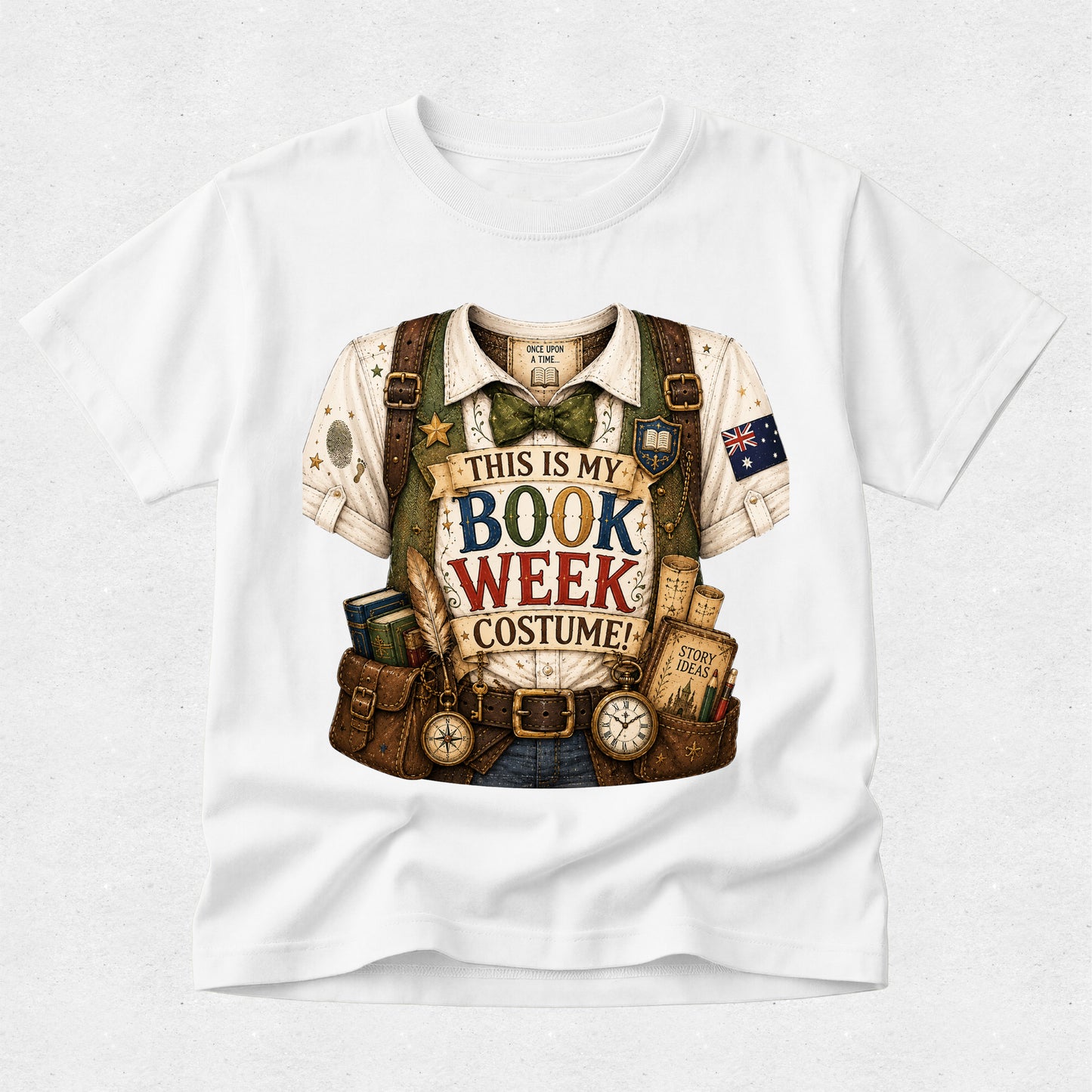 A white short-sleeve crewneck t-shirt featuring a detailed graphic print of a book-themed costume vest with props like a bow tie, map, and books, with the text 'THIS IS MY BOOK WEEK COSTUME!'.