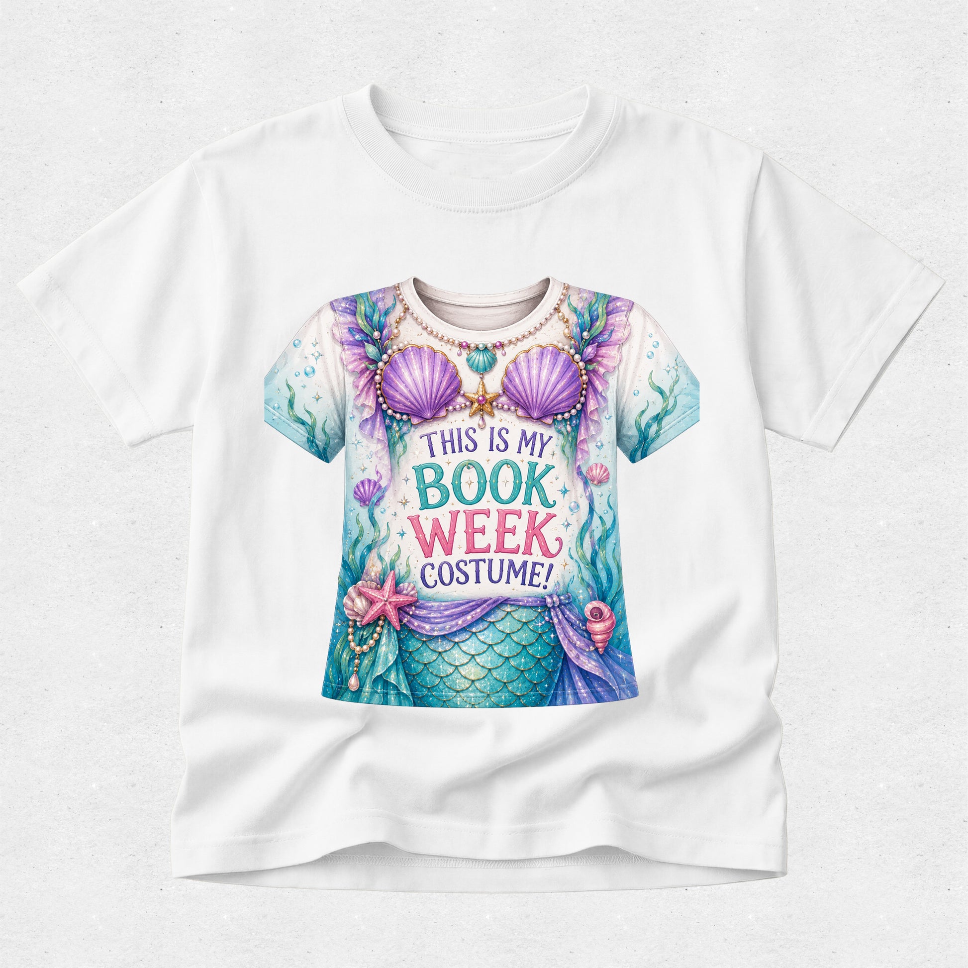 A white short-sleeve crewneck t-shirt featuring a colorful graphic print of a mermaid costume with the text 'THIS IS MY BOOK WEEK COSTUME!' in purple and teal lettering.