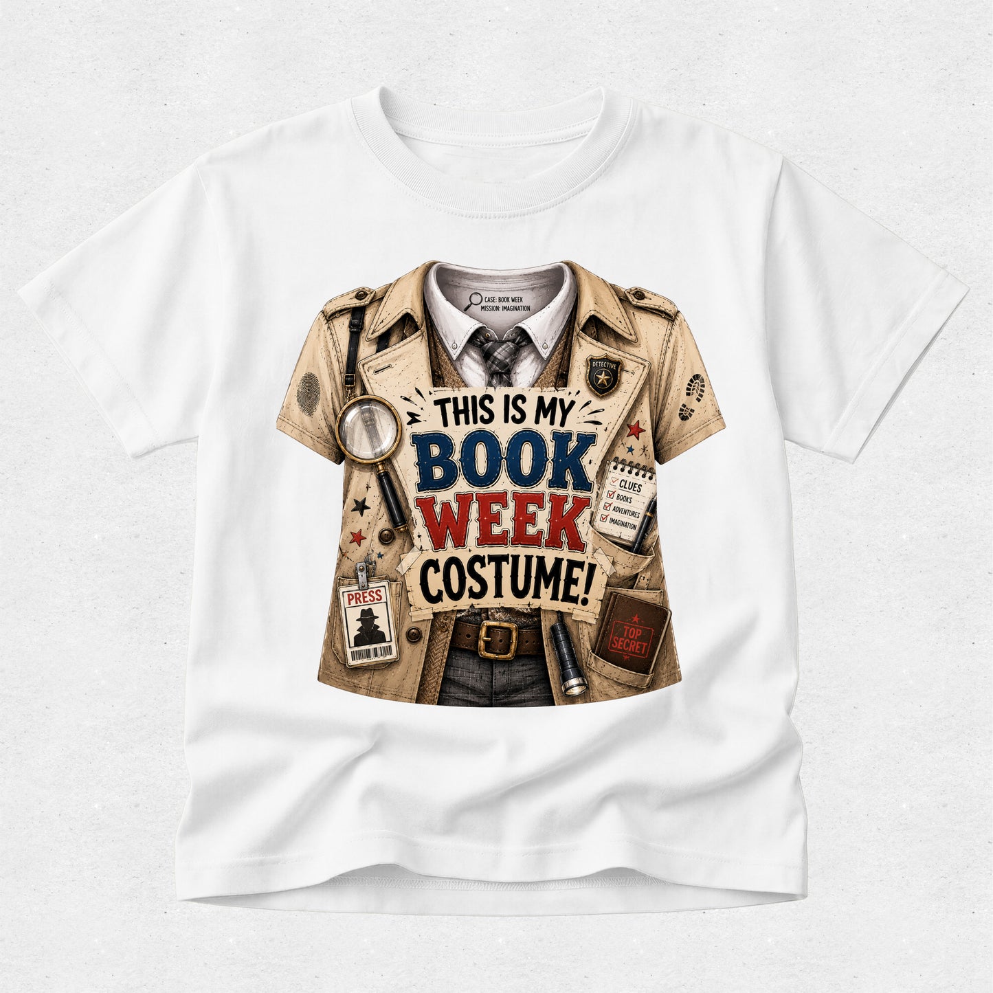 A white short-sleeve crewneck t-shirt featuring a graphic print of a detective costume vest over a collared shirt and tie, with the text 'THIS IS MY BOOK WEEK COSTUME!' printed on the front.