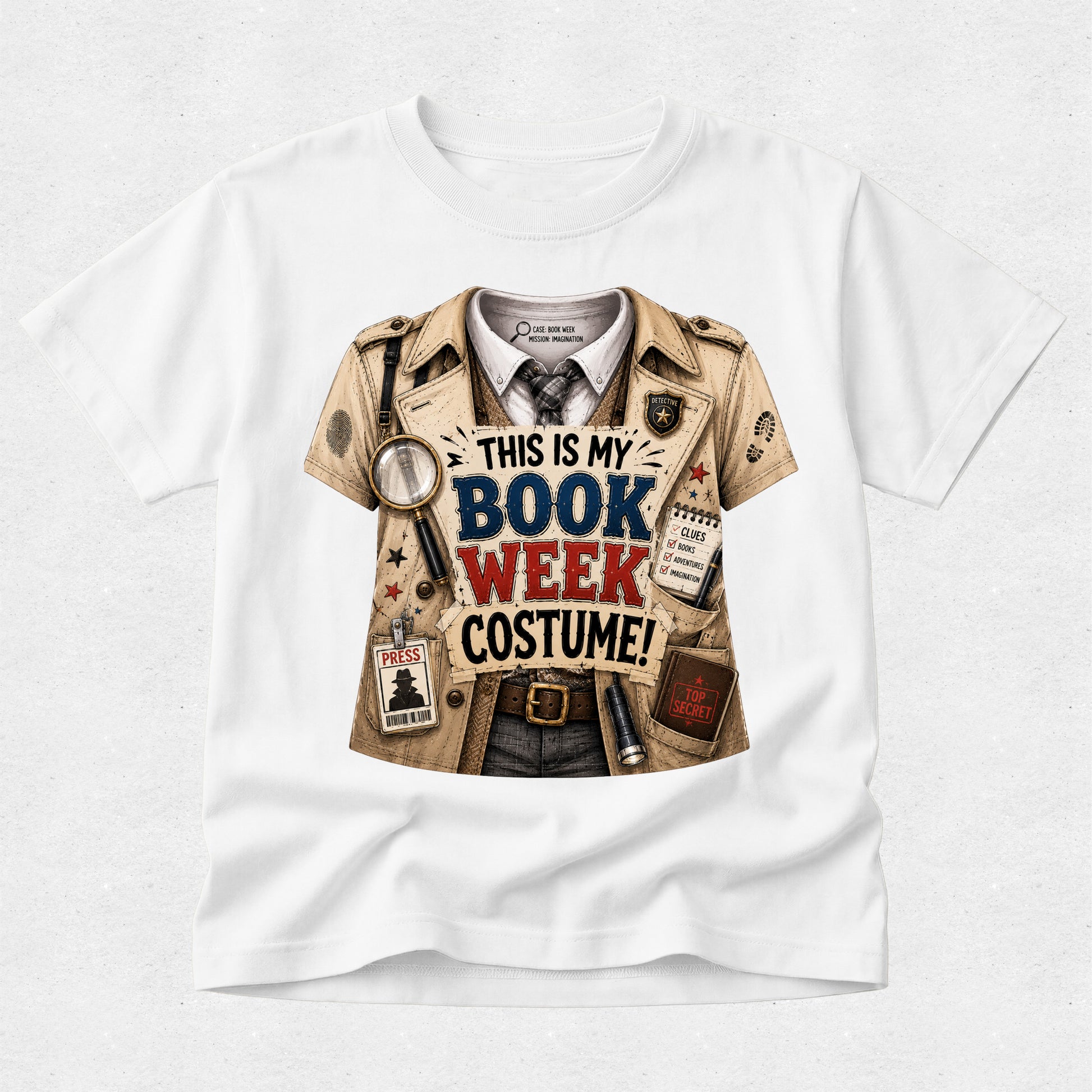 A white short-sleeve crewneck t-shirt featuring a graphic print of a detective costume vest over a collared shirt and tie, with the text 'THIS IS MY BOOK WEEK COSTUME!' printed on the front.