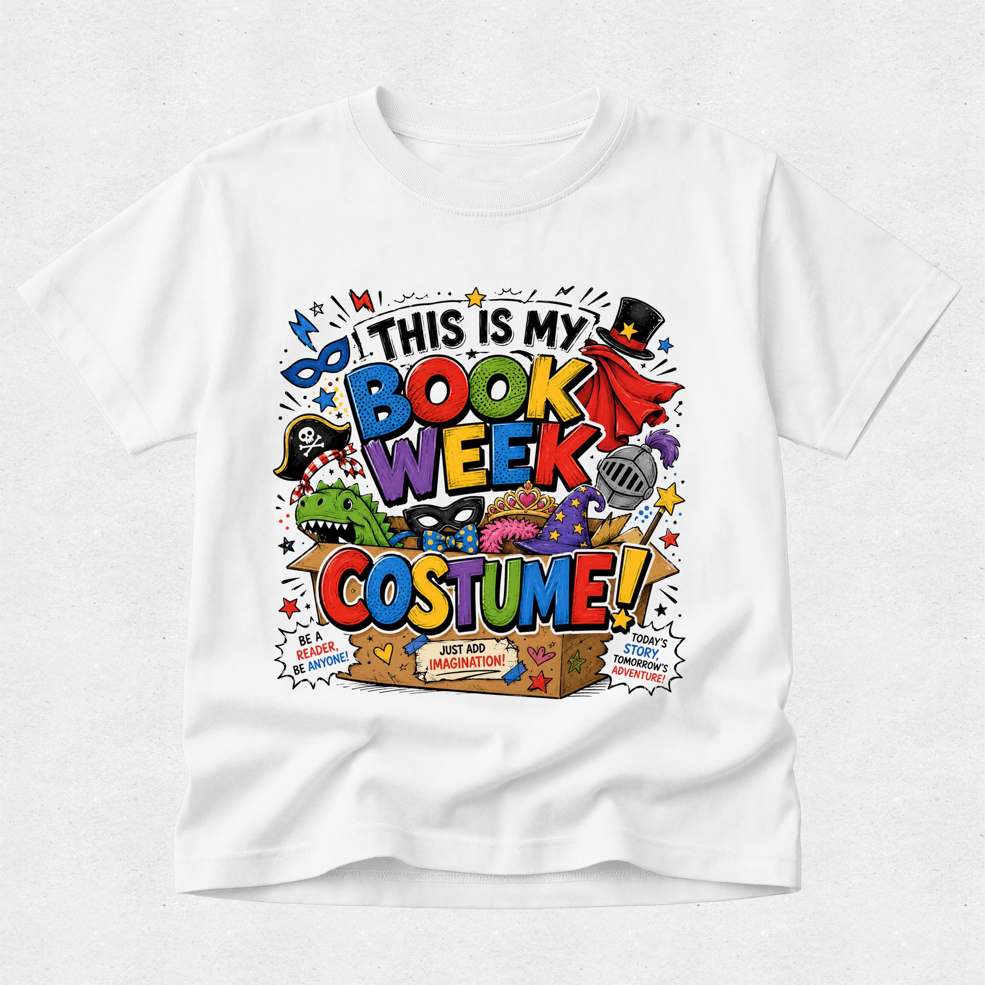 A white short-sleeve crewneck t-shirt featuring a colorful graphic print on the front that reads 'THIS IS MY BOOK WEEK COSTUME!' surrounded by comic-style illustrations of masks, a pirate eye patch, a top hat, a dinosaur, a microphone, and a treasure chest.