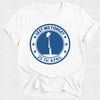White t-shirt with blue 'Lest We Forget' design featuring a soldier and rifle on a white background