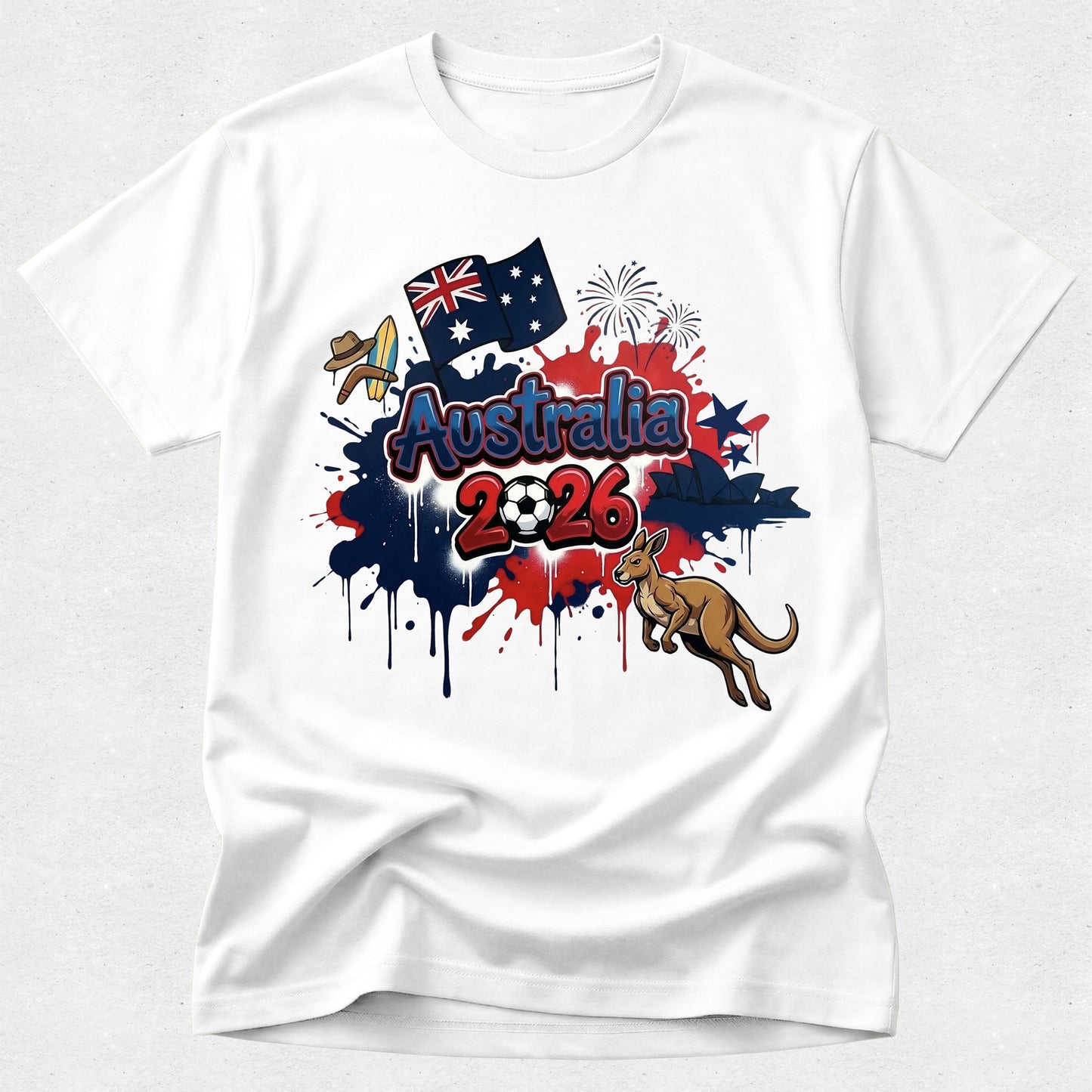 White t-shirt with Australia 2026 graphic design featuring kangaroo, soccer ball, and Australian flag.