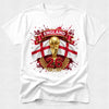 White t-shirt with England World Cup design featuring a gold trophy and red banner on a white background