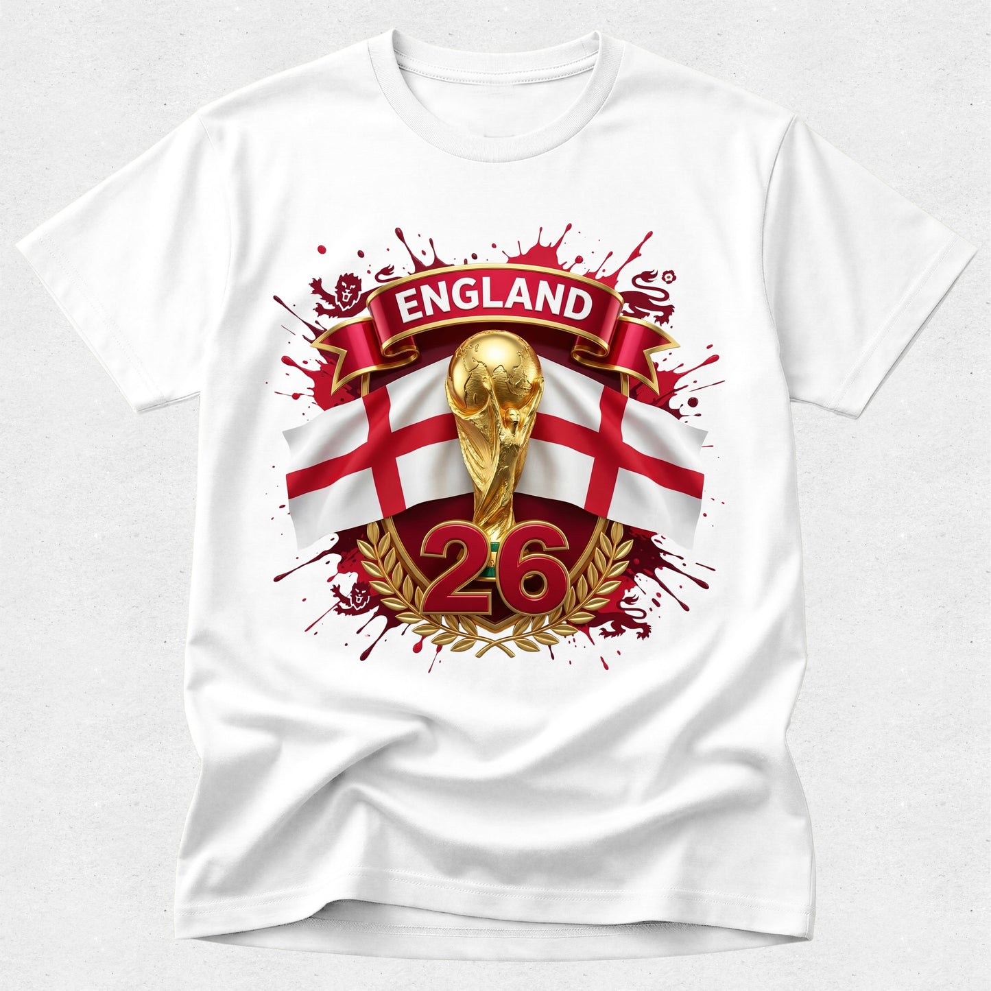 White t-shirt with England World Cup design featuring a gold trophy and red banner on a white background