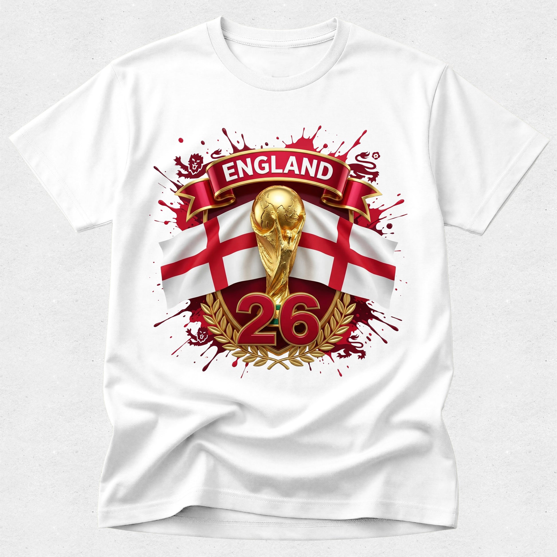 White t-shirt with England World Cup design featuring a gold trophy and red banner on a white background