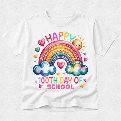 A white short-sleeve t-shirt with a colorful graphic on the front that reads 'HAPPY 100TH DAY OF PREP' under a rainbow, clouds, hearts, and a smiling sun.