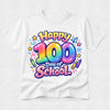 A white short-sleeve crewneck t-shirt featuring a colorful 'Happy 100 Day of School' graphic on the front, displayed against a light gray textured background.