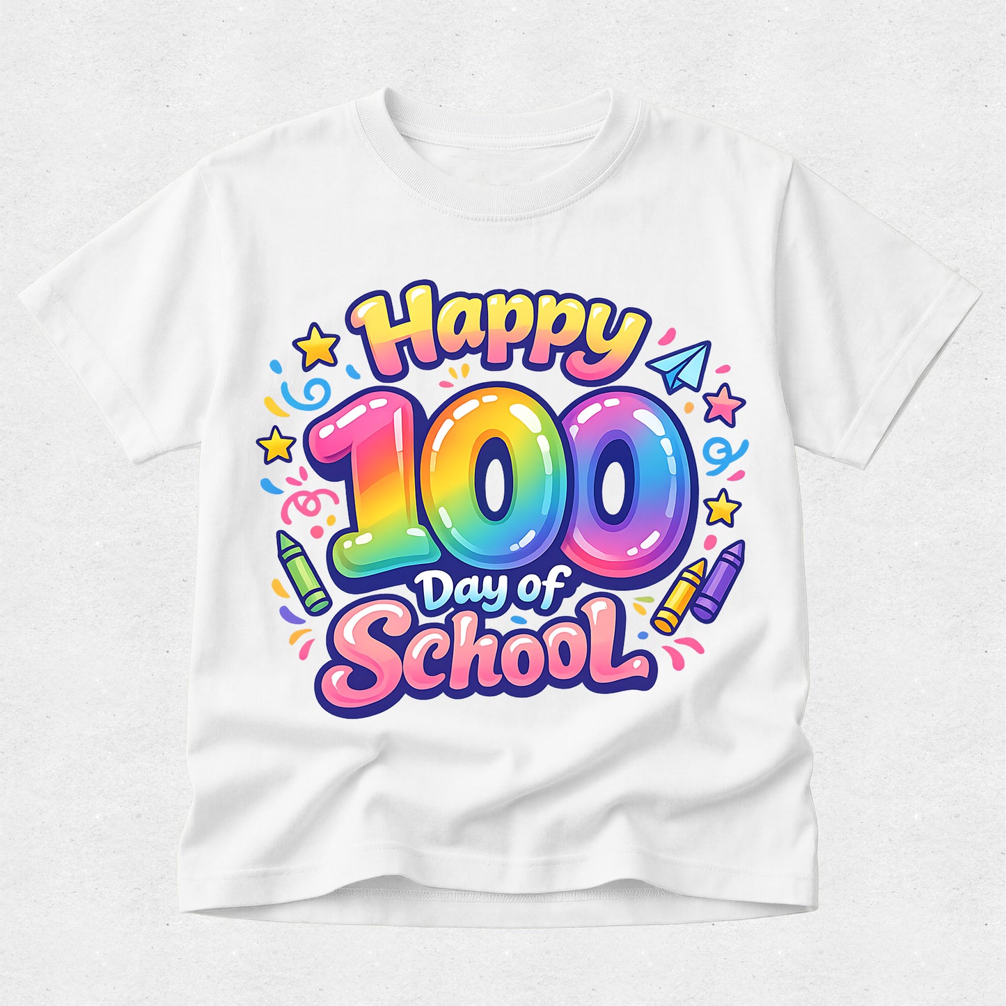 A white short-sleeve crewneck t-shirt featuring a colorful 'Happy 100 Day of School' graphic on the front, displayed against a light gray textured background.