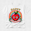A white short-sleeve t-shirt with a colorful graphic on the front featuring a smiling red apple with a leaf, a rainbow, the word 'HAPPY' in yellow, and a banner reading '100 DAYS OF SCHOOL'.