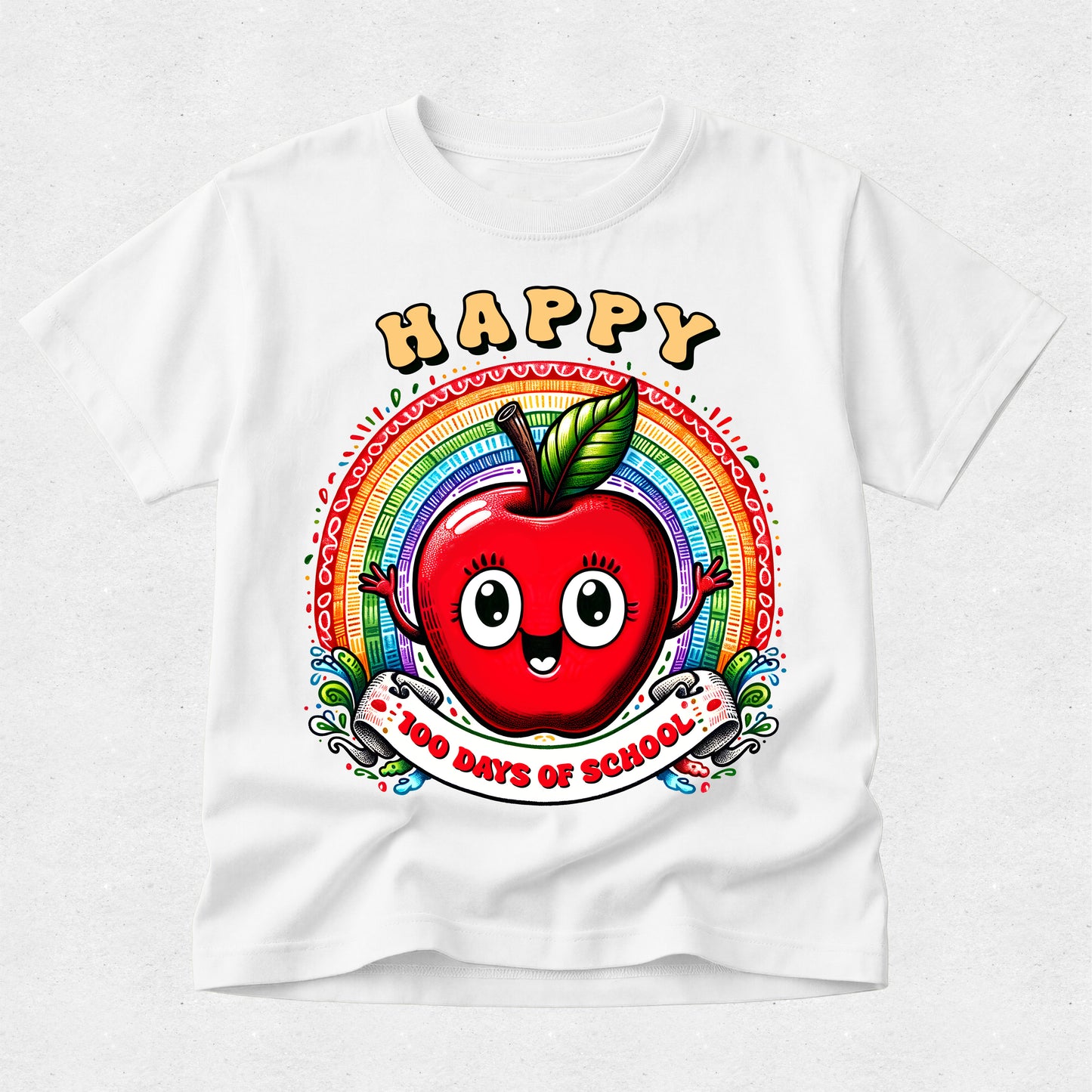 A white short-sleeve t-shirt with a colorful graphic on the front featuring a smiling red apple with a leaf, a rainbow, the word 'HAPPY' in yellow, and a banner reading '100 DAYS OF SCHOOL'.