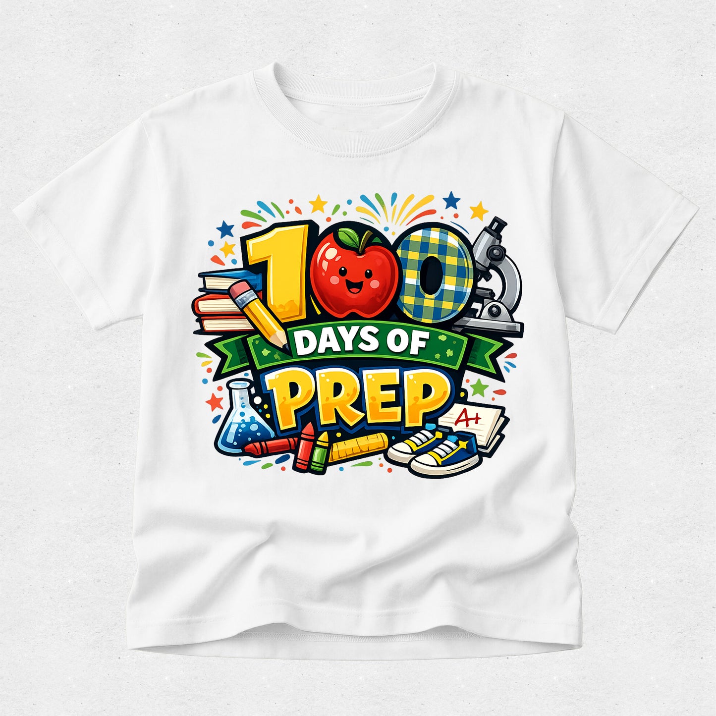 White t-shirt with '100 Days of Prep' graphic design featuring an apple, books, and a microscope on a white background.