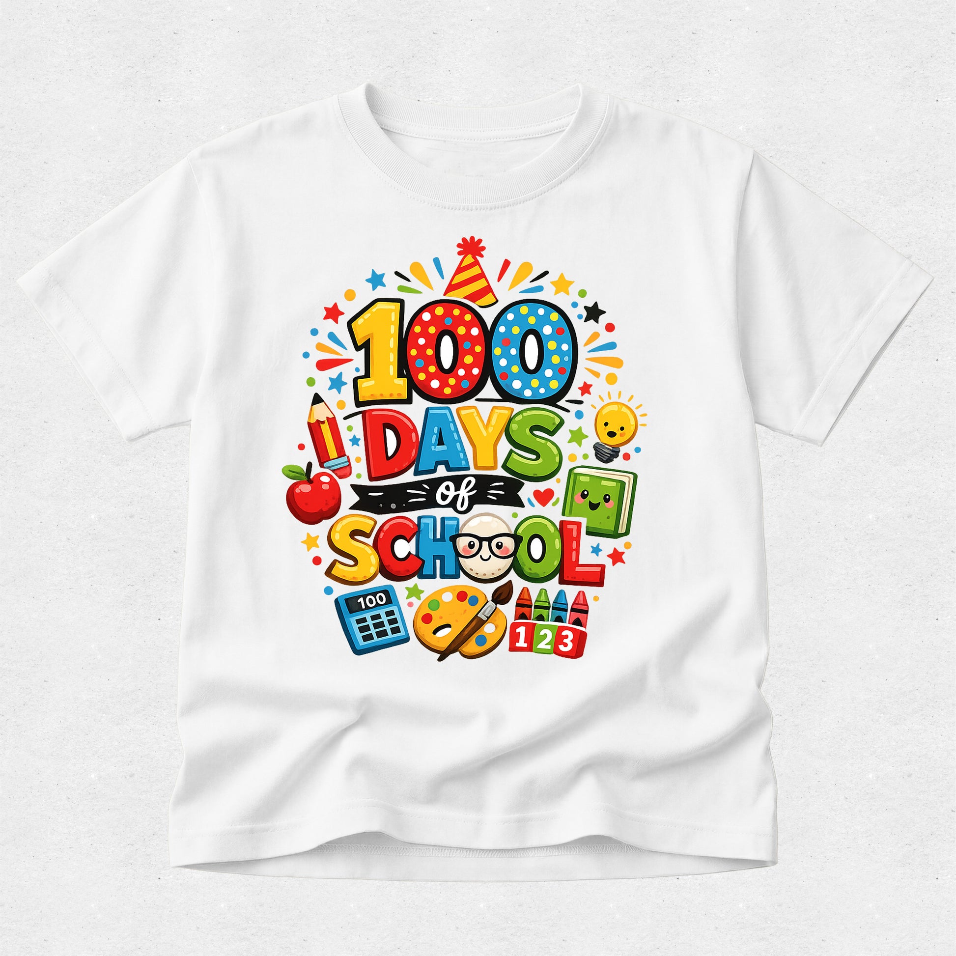 White t-shirt with colorful '100 Days of School' design on a white background