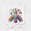 A white short-sleeve crewneck t-shirt featuring a colorful graphic of a pencil with hearts, stars, and a rainbow, with the text 'HAPPY 100 DAYS OF SCHOOL' printed on the front.