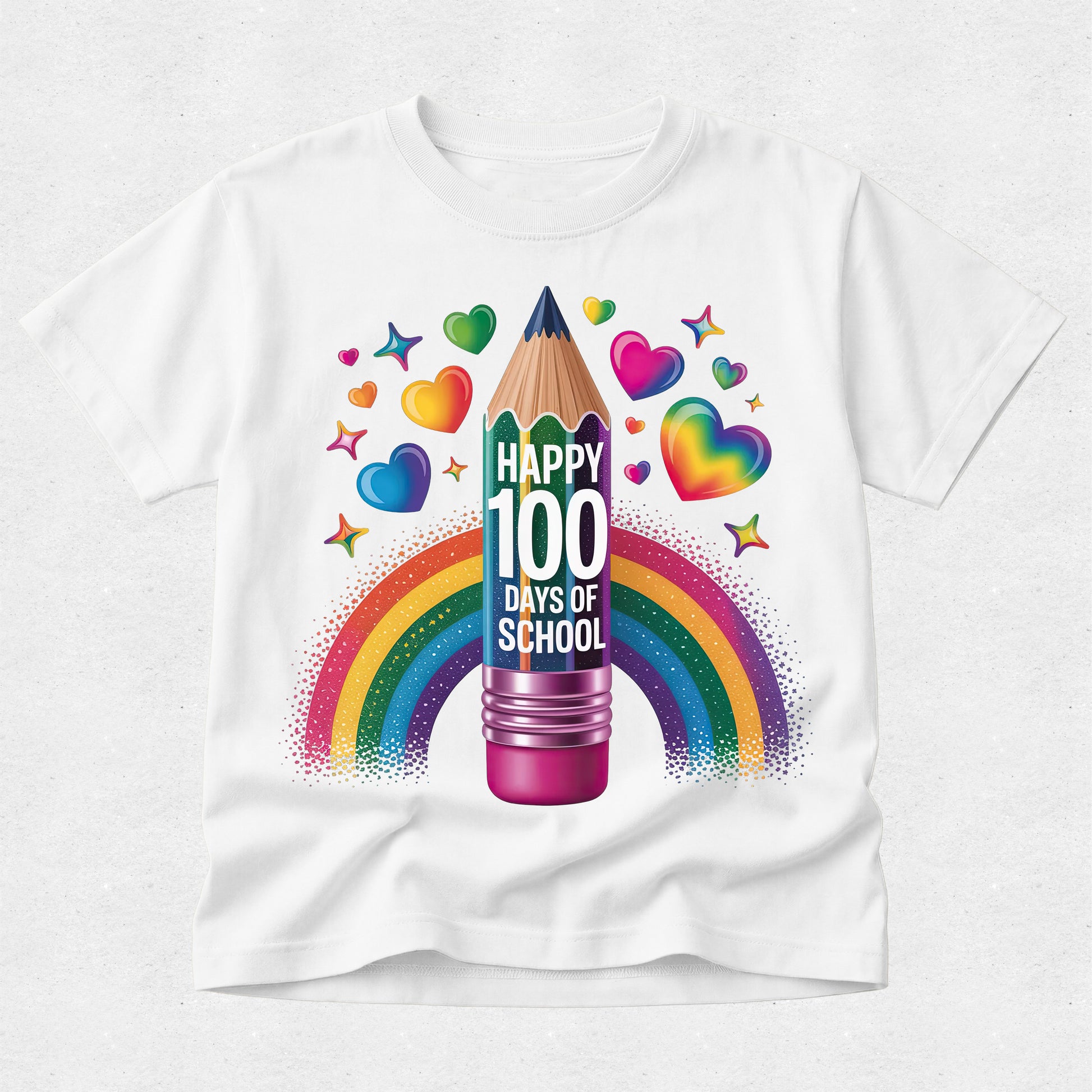 A white short-sleeve crewneck t-shirt featuring a colorful graphic of a pencil with hearts, stars, and a rainbow, with the text 'HAPPY 100 DAYS OF SCHOOL' printed on the front.