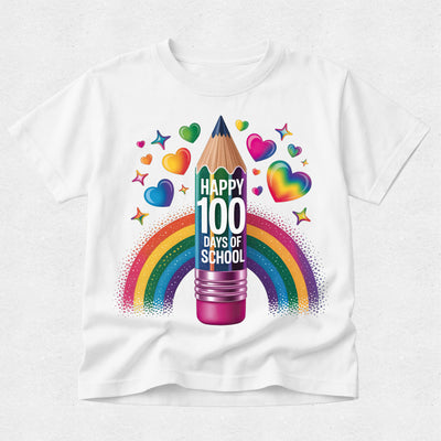 A white short-sleeve crewneck t-shirt featuring a colorful graphic of a pencil with hearts, stars, and a rainbow, with the text 'HAPPY 100 DAYS OF SCHOOL' printed on the front.