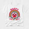 A white short-sleeve t-shirt with a colorful graphic on the front featuring a smiling red apple, a rainbow, and the text 'HAPPY 100 DAYS OF SCHOOL'.