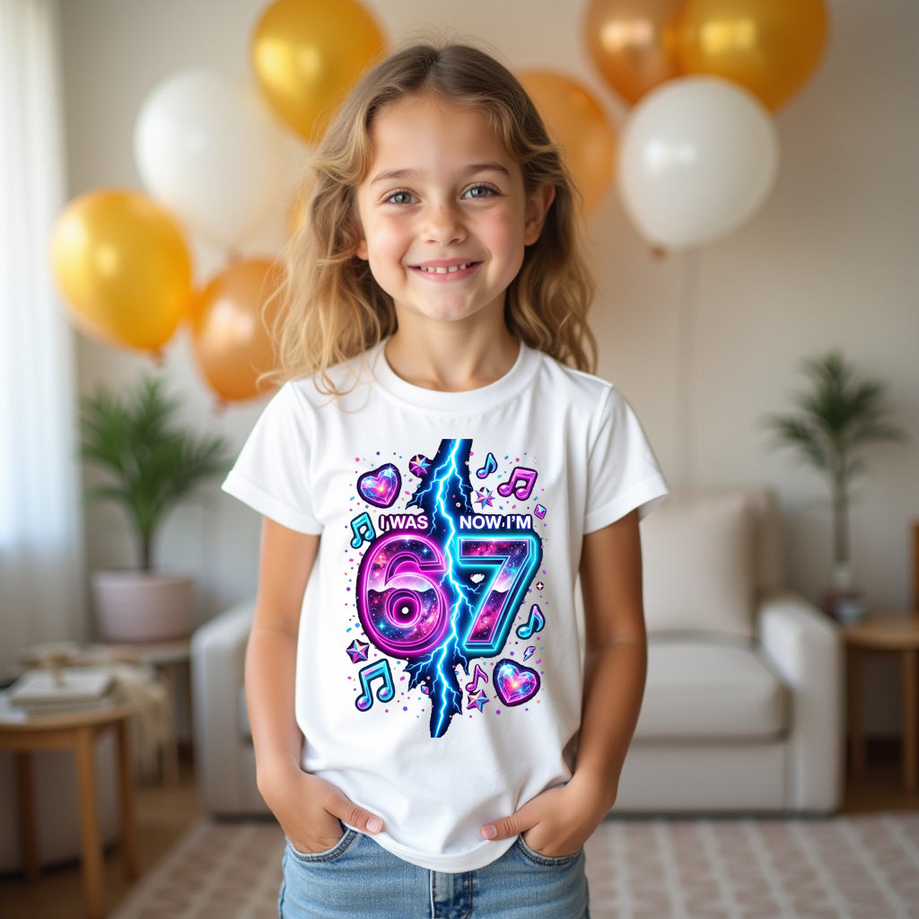 Young girl wearing a white t-shirt with a colorful design, standing in a room with balloons and furniture.