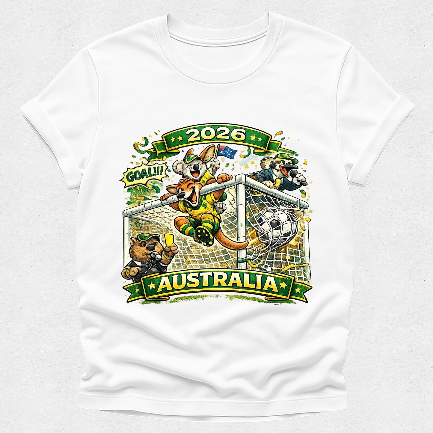 White t-shirt with a colorful graphic of Australia's mascot, kangaroos, and a soccer ball on a white background.