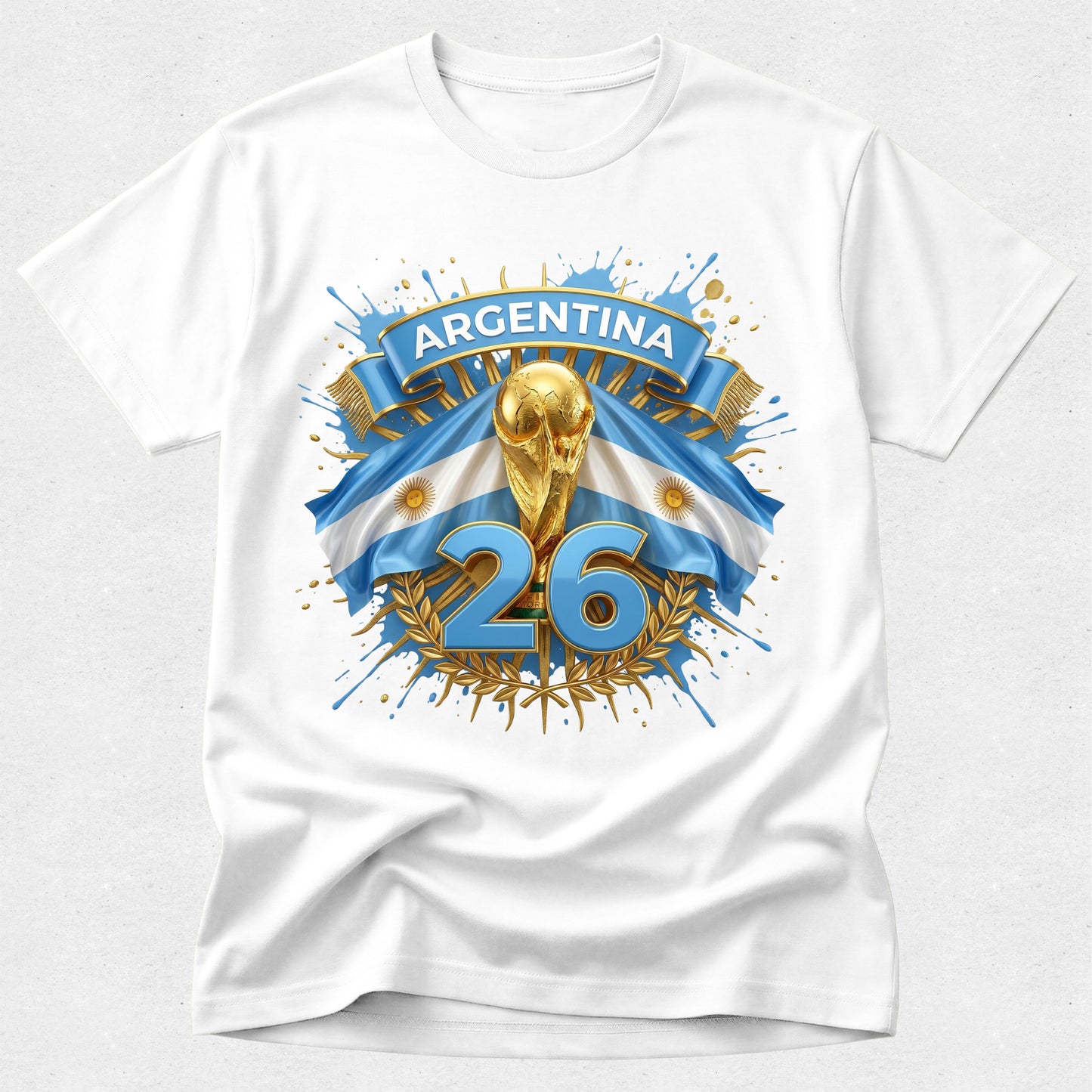 White t-shirt with Argentina-themed design featuring a trophy and number 26 on a white background