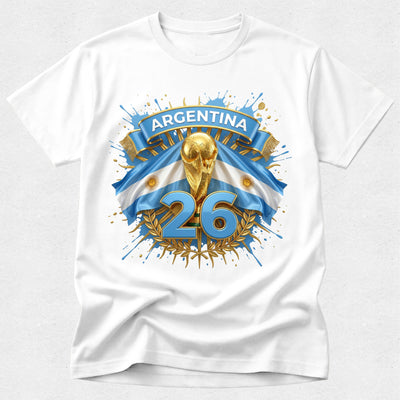 White t-shirt with Argentina-themed design featuring a trophy and number 26 on a white background