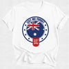 White t-shirt with Australian flag and 'Lest We Forget' design on a white background