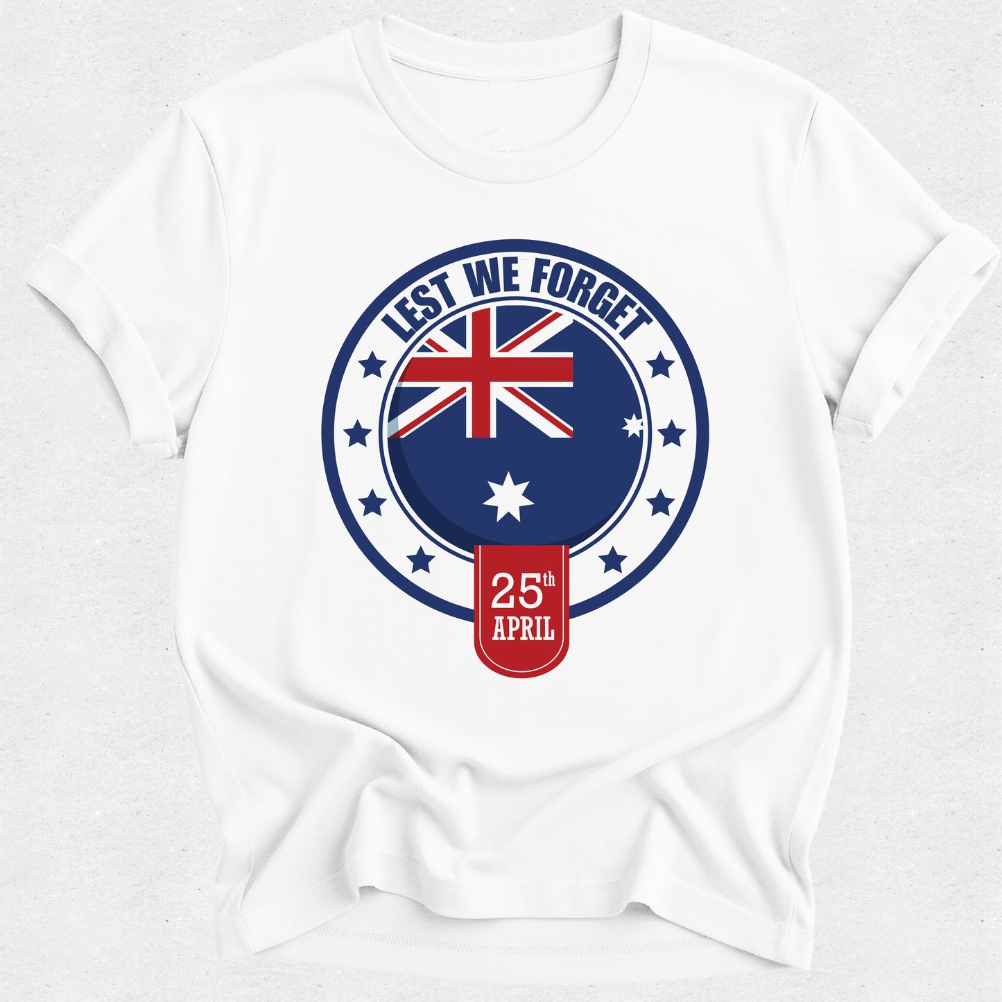 White t-shirt with Australian flag and 'Lest We Forget' design on a white background