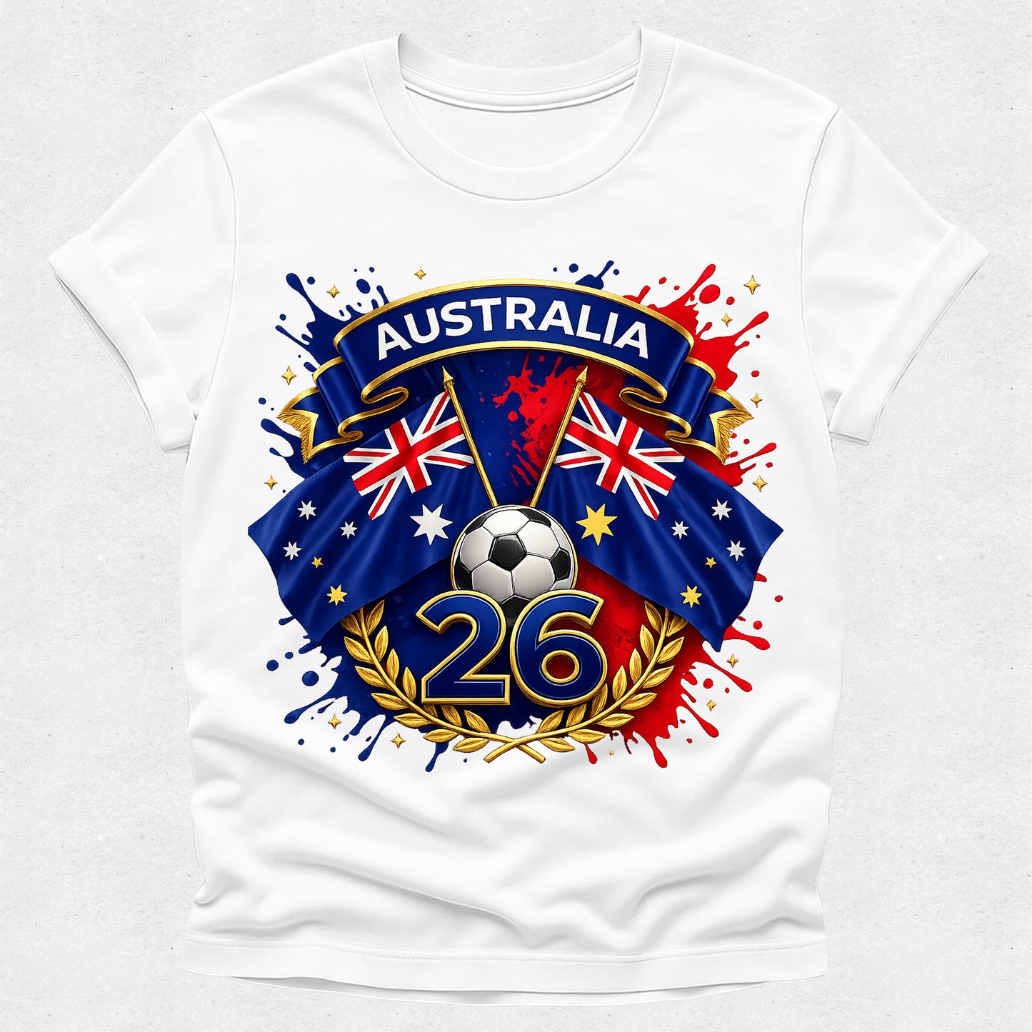 White t-shirt with Australia-themed design featuring flags and number 26 on a white background