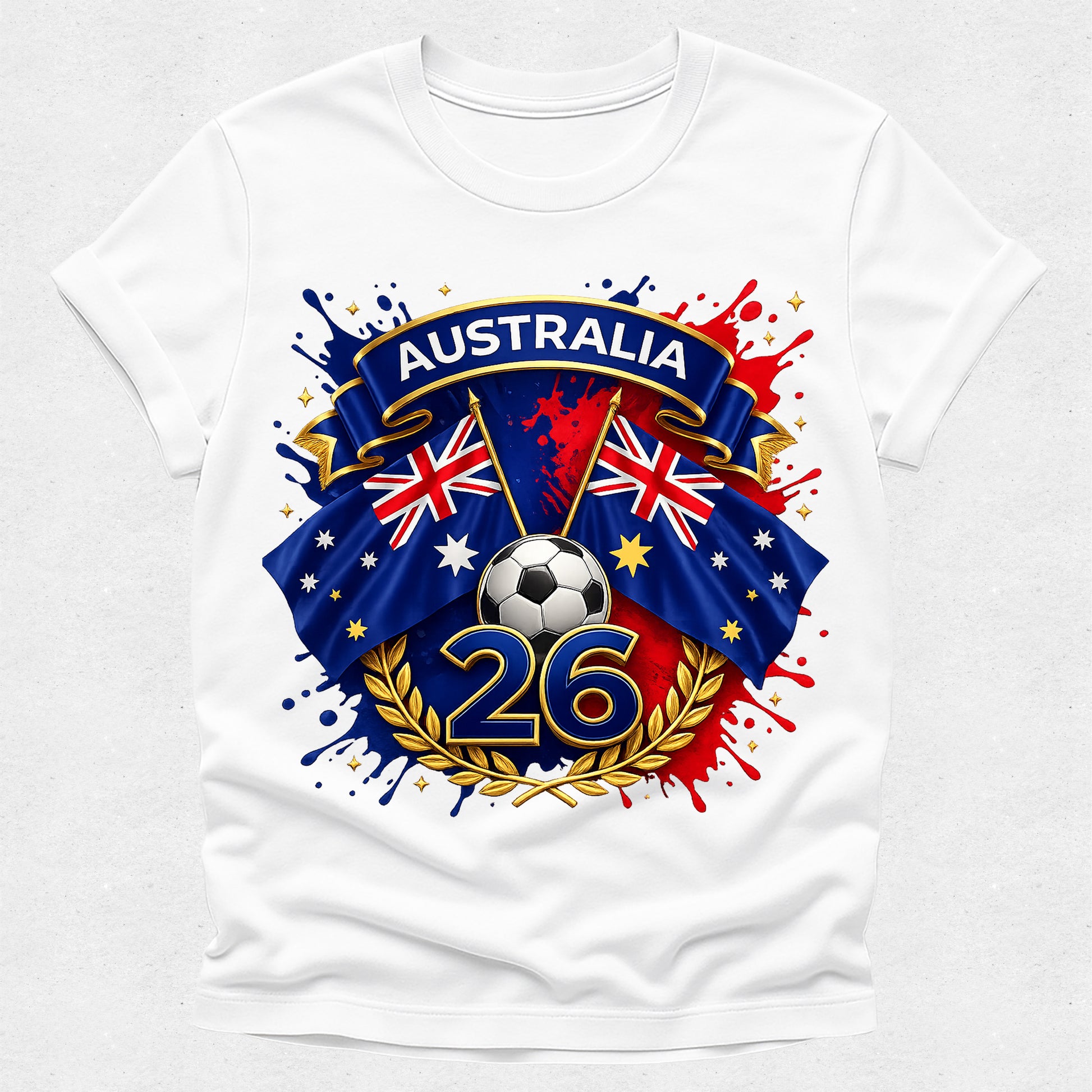 White t-shirt with Australia-themed design featuring flags and number 26 on a white background