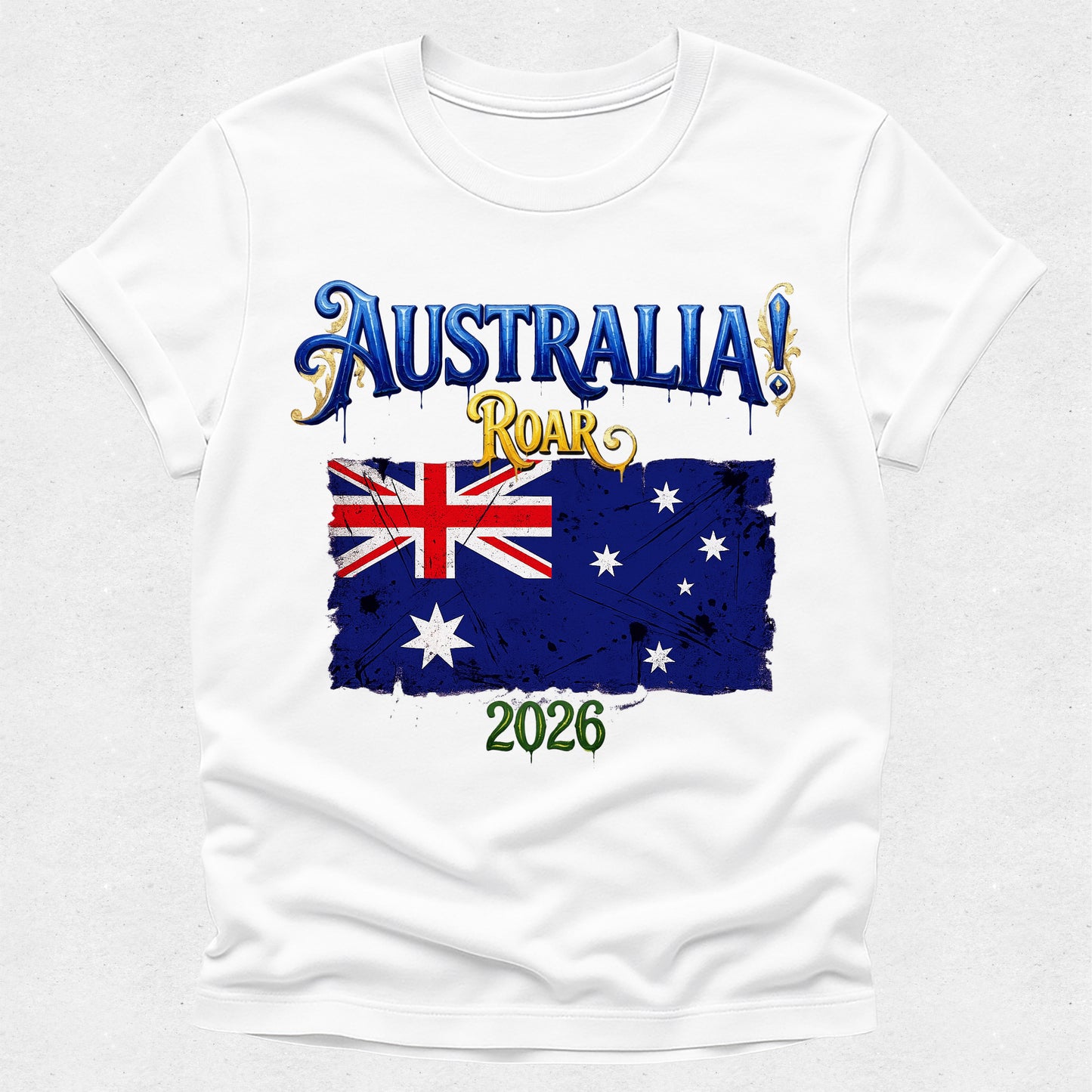 White t-shirt with Australia flag and 'Australia Roar 2026' text on a white background