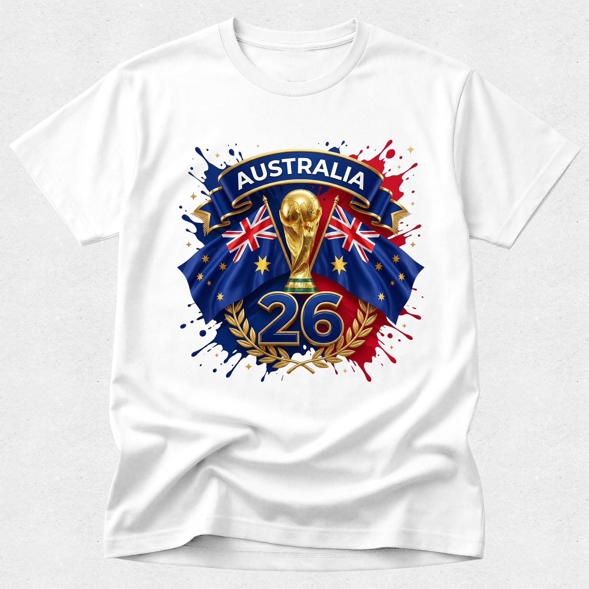 White t-shirt with Australia-themed design featuring a trophy and flags on a white background