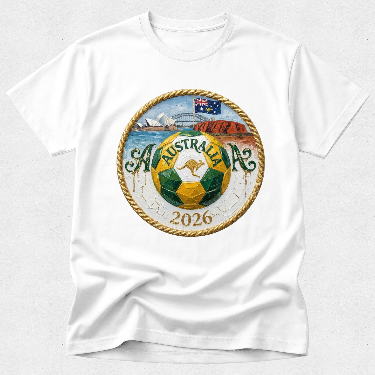 White t-shirt with a colorful design featuring 'Australia 2026' on a white background