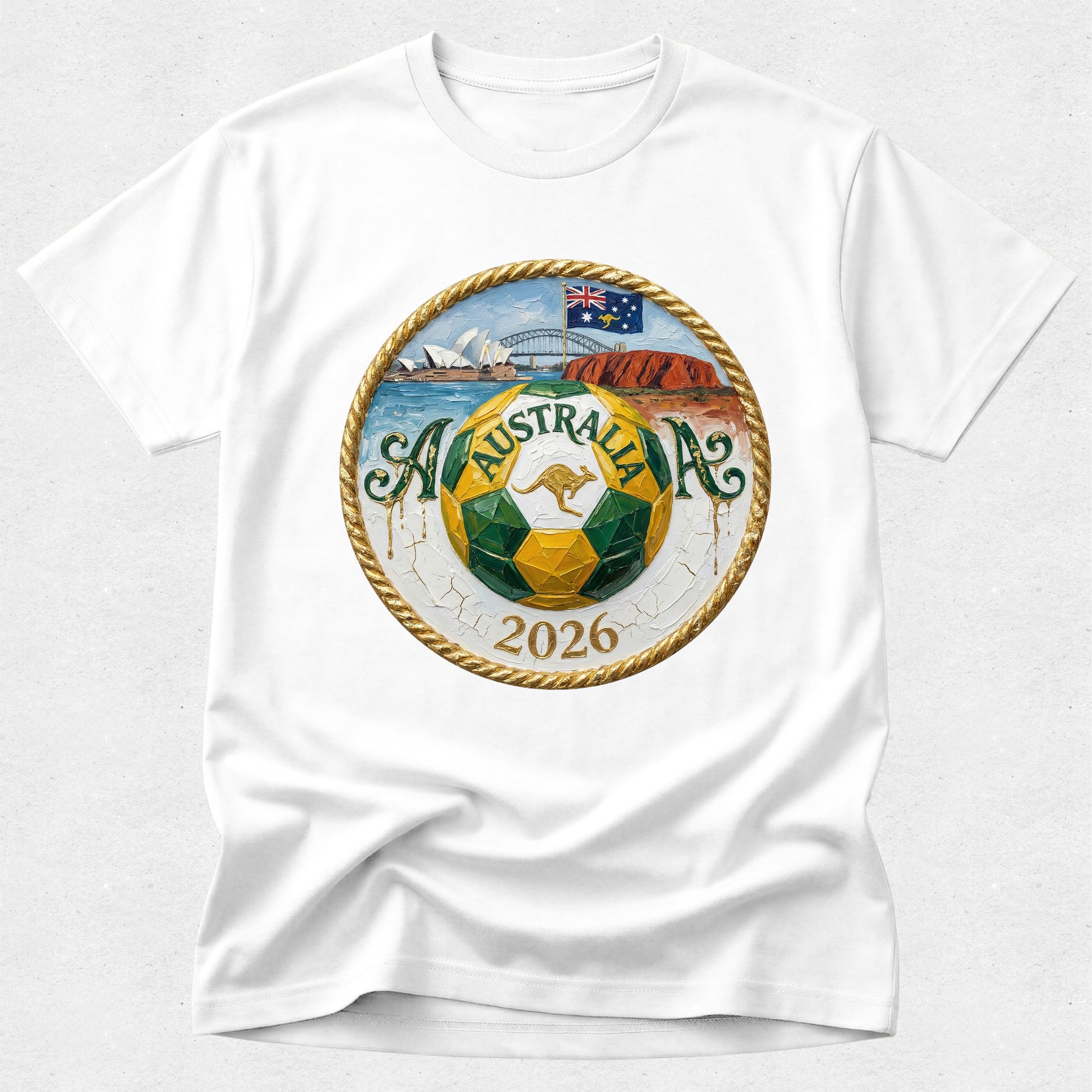 White t-shirt with a colorful design featuring 'Australia 2026' on a white background