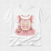 A white short-sleeve crewneck t-shirt featuring a graphic print of a pink ballerina costume dress with the text 'THIS IS MY BOOK WEEK COSTUME!' and ballet slippers, displayed on a light gray textured background.