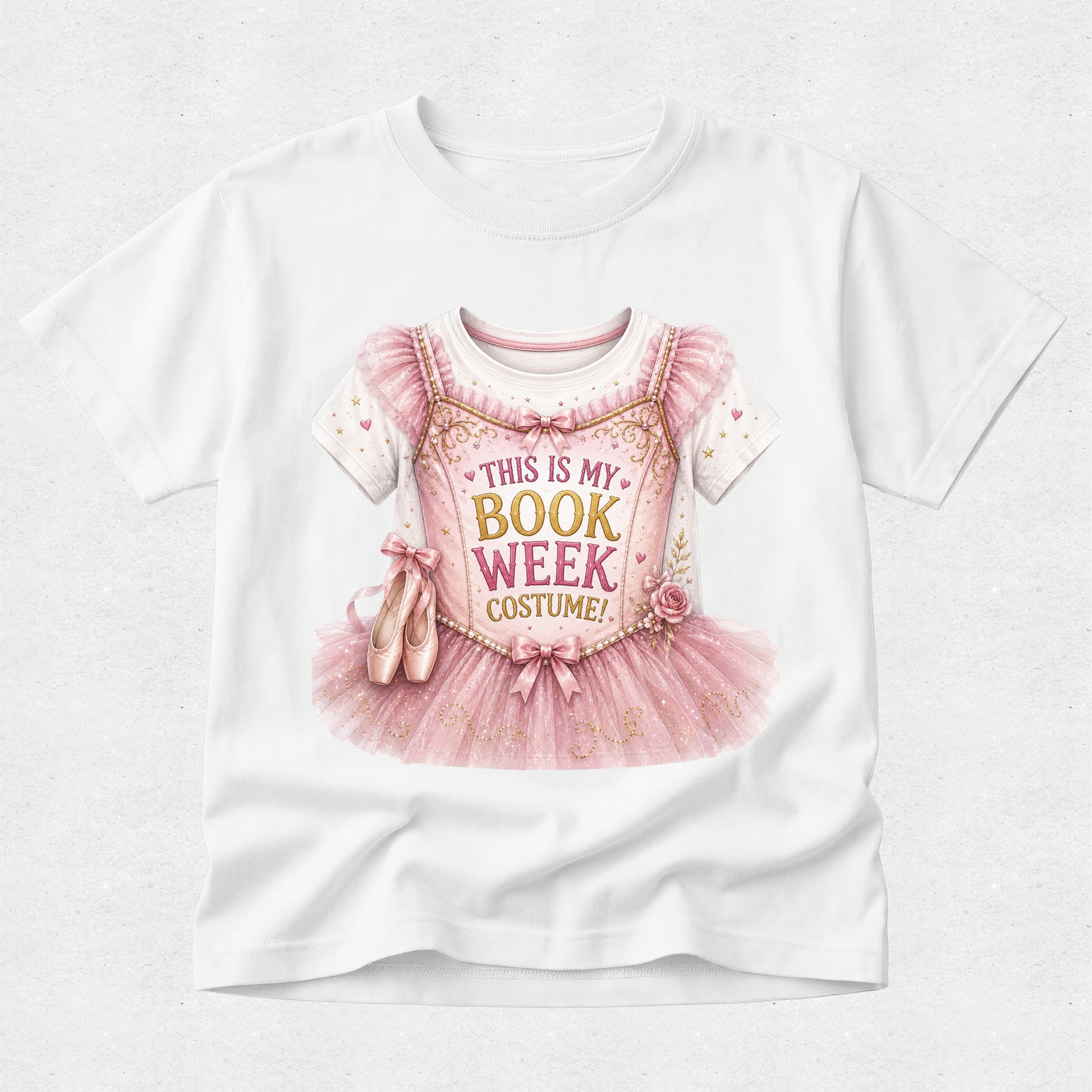 A white short-sleeve crewneck t-shirt featuring a graphic print of a pink ballerina costume dress with the text 'THIS IS MY BOOK WEEK COSTUME!' and ballet slippers, displayed on a light gray textured background.