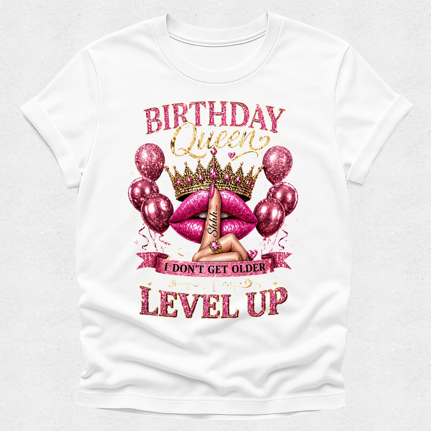 White t-shirt with pink birthday-themed graphics and text on a white background