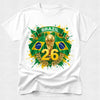 White t-shirt with Brazil-themed design featuring a gold trophy and flags on a white background