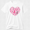 white breast cancer awareness T-shirt with a heart design made of pink ribbons, flowers and hearts.