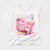 White t-shirt with a birthday-themed design featuring the numbers 6 and 7, colorful decorations, and text on a white background.