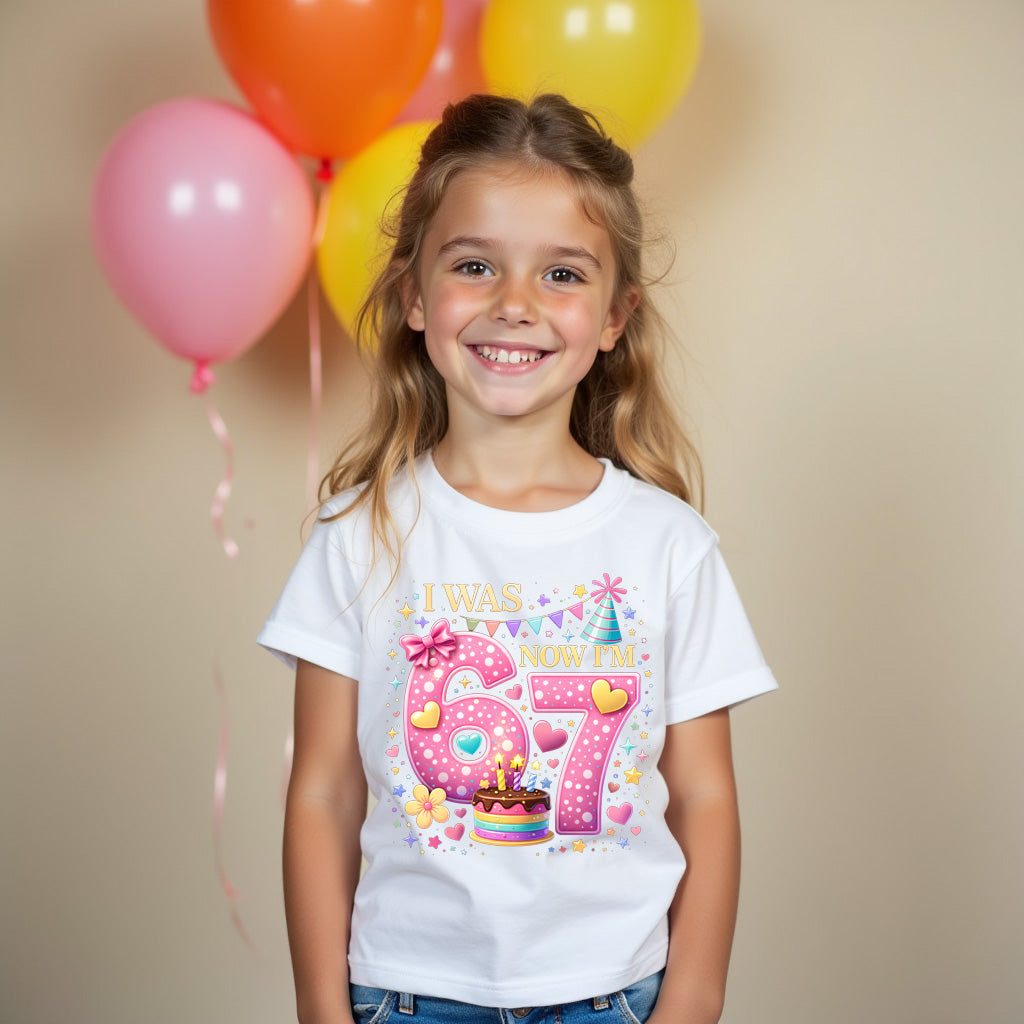 Young girl wearing a birthday t-shirt with colorful balloons in the background