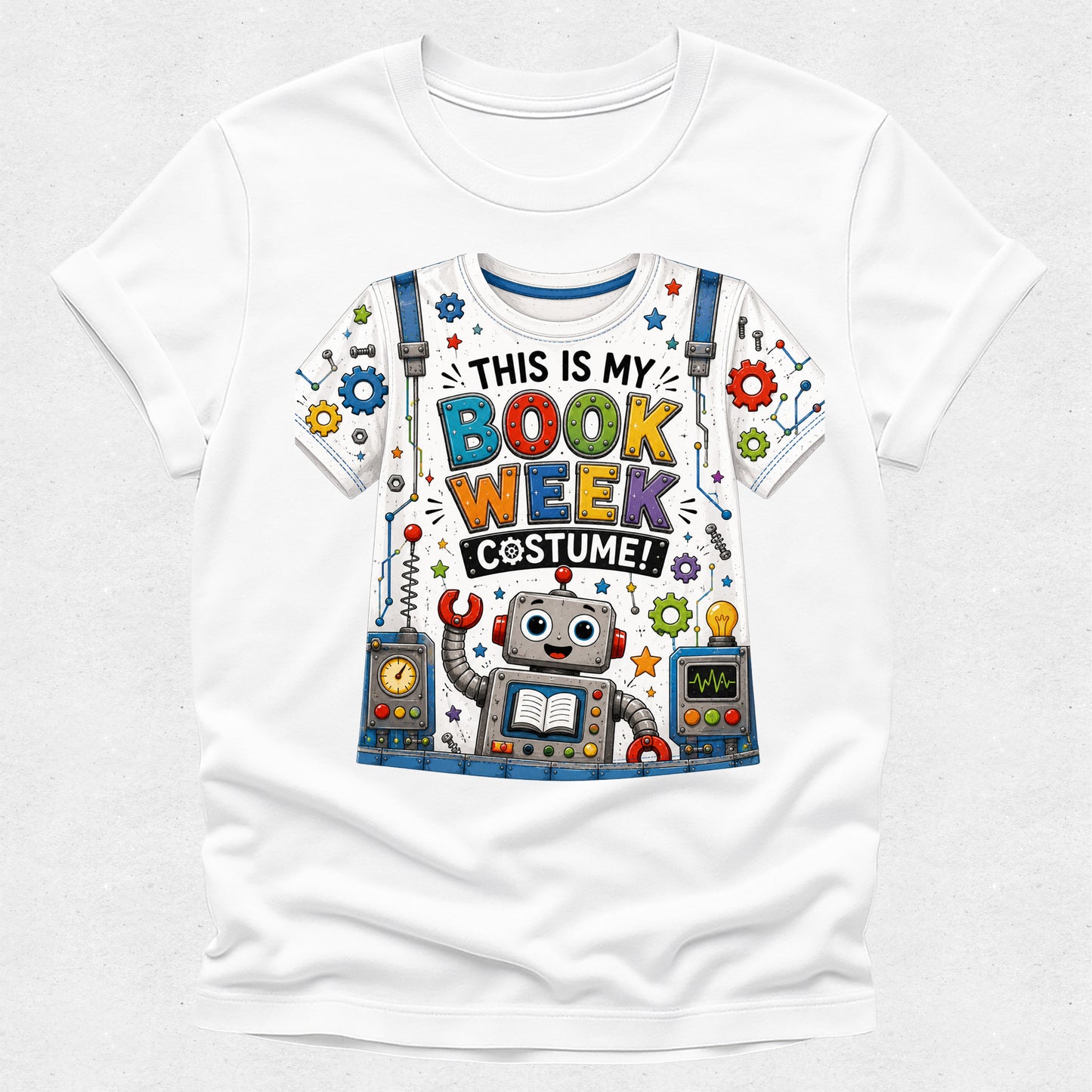 A white short-sleeve crewneck t-shirt featuring a colorful graphic print on the front. The graphic shows a cartoon robot wearing blue overalls with the text 'THIS IS MY BOOK WEEK COSTUME!' in playful multicolored lettering, surrounded by gears, stars, and tools.