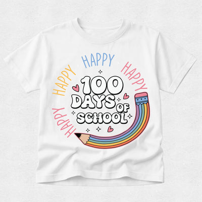 A white short-sleeve crewneck t-shirt featuring a colorful graphic design on the front. The design reads '100 DAYS OF SCHOOL' in a playful black-and-white font, surrounded by 'HAPPY' written in multiple colors (yellow, orange, pink, blue) in an arc, with a cute rainbow pencil illustration at the bottom.