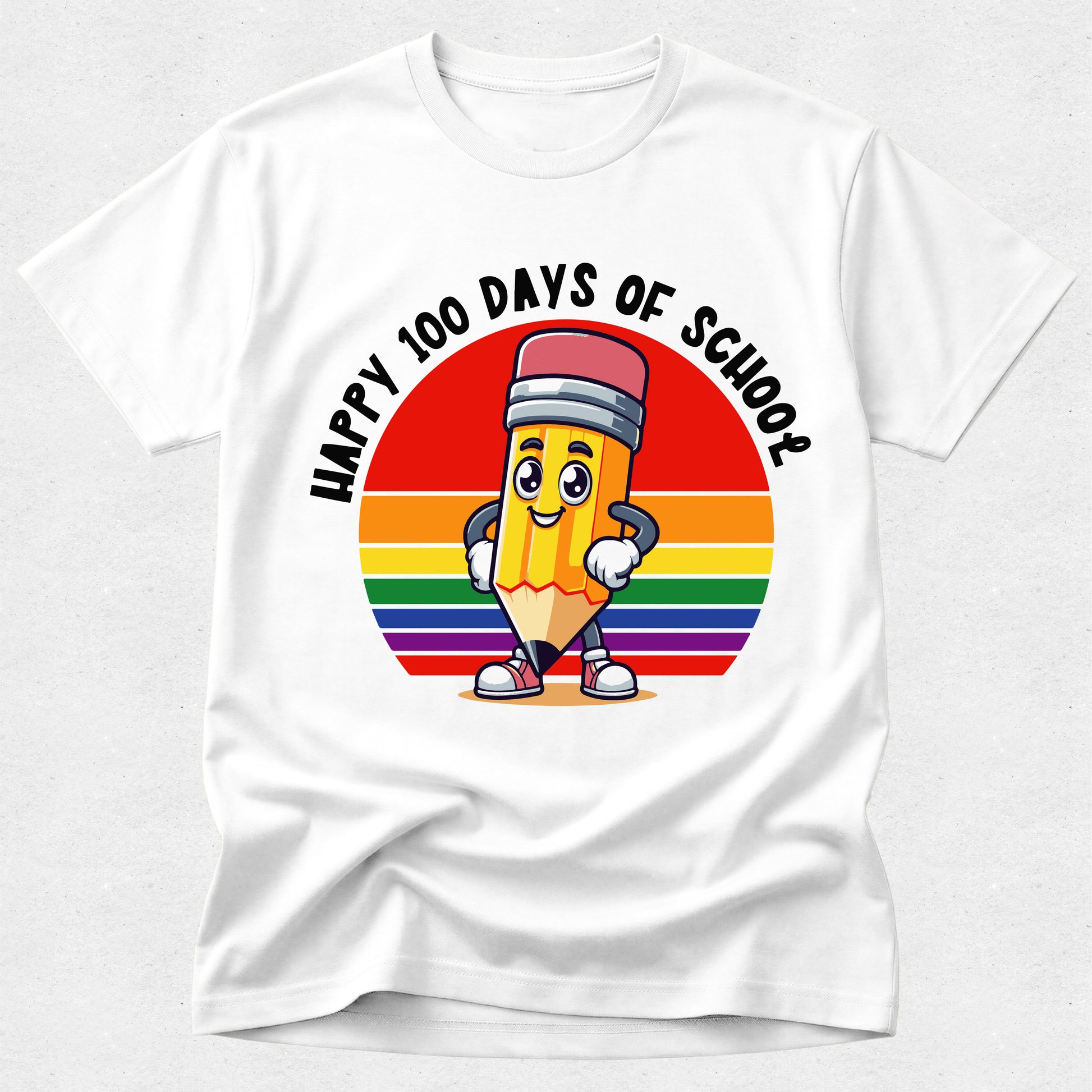 White t-shirt with a colorful 'Happy 100 Days of School' design featuring a pencil character on a white background.